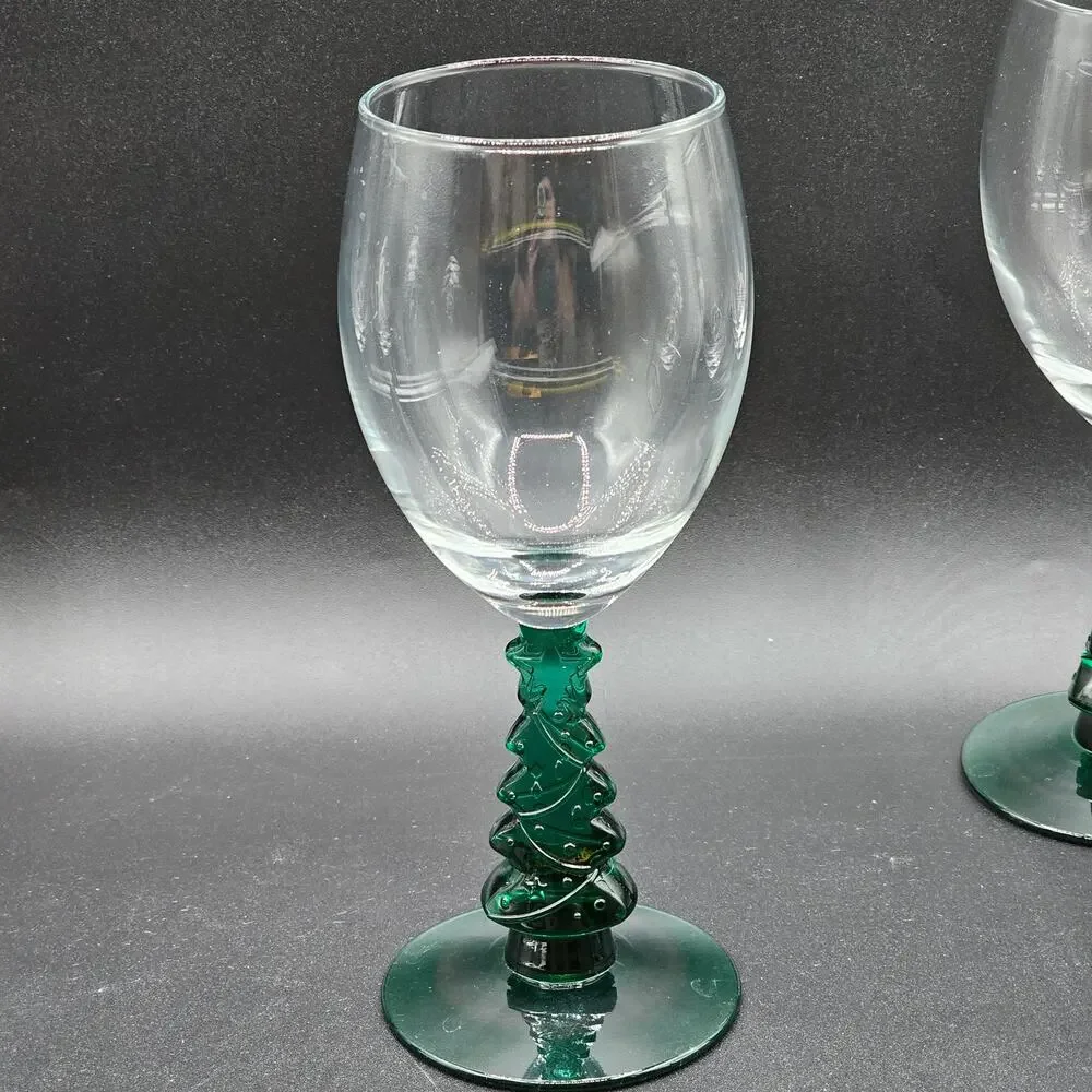 Libbey Green Christmas Tree Stem Wine Glasses Vintage Holiday Set